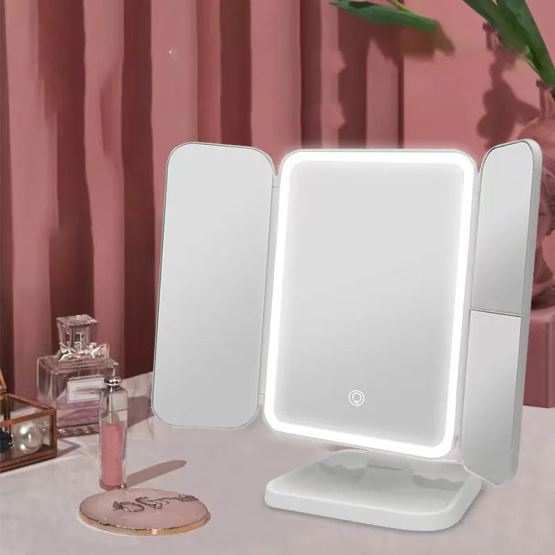 White Quilted Trifold LED Mirror
