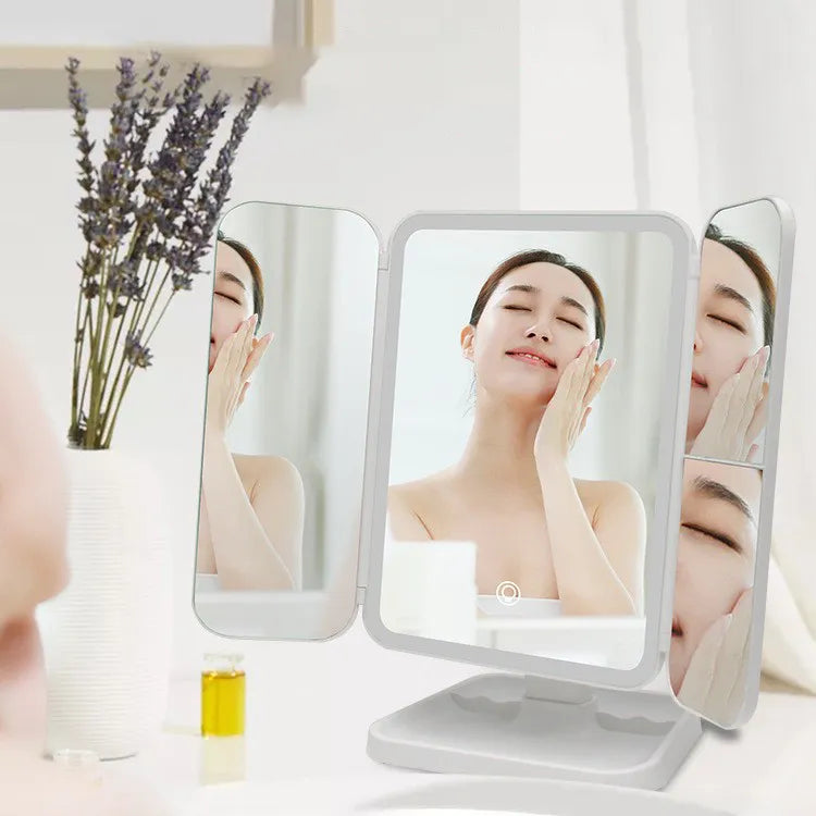 White Quilted Trifold LED Mirror