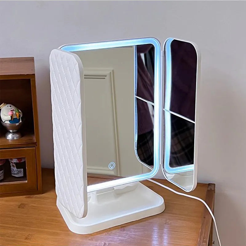 White Quilted Trifold LED Mirror