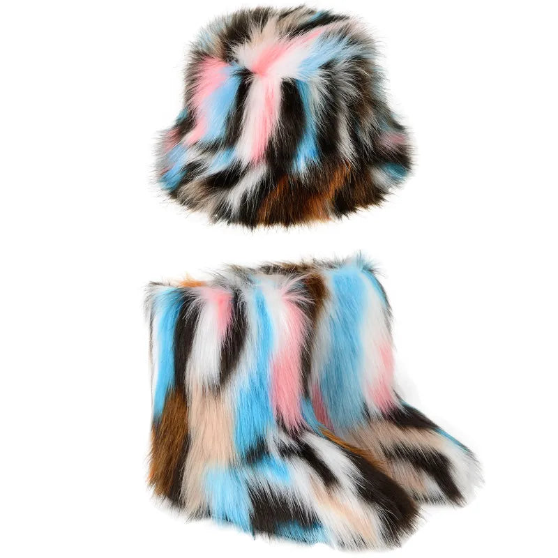 Fur Boots and Bucket Hat Set