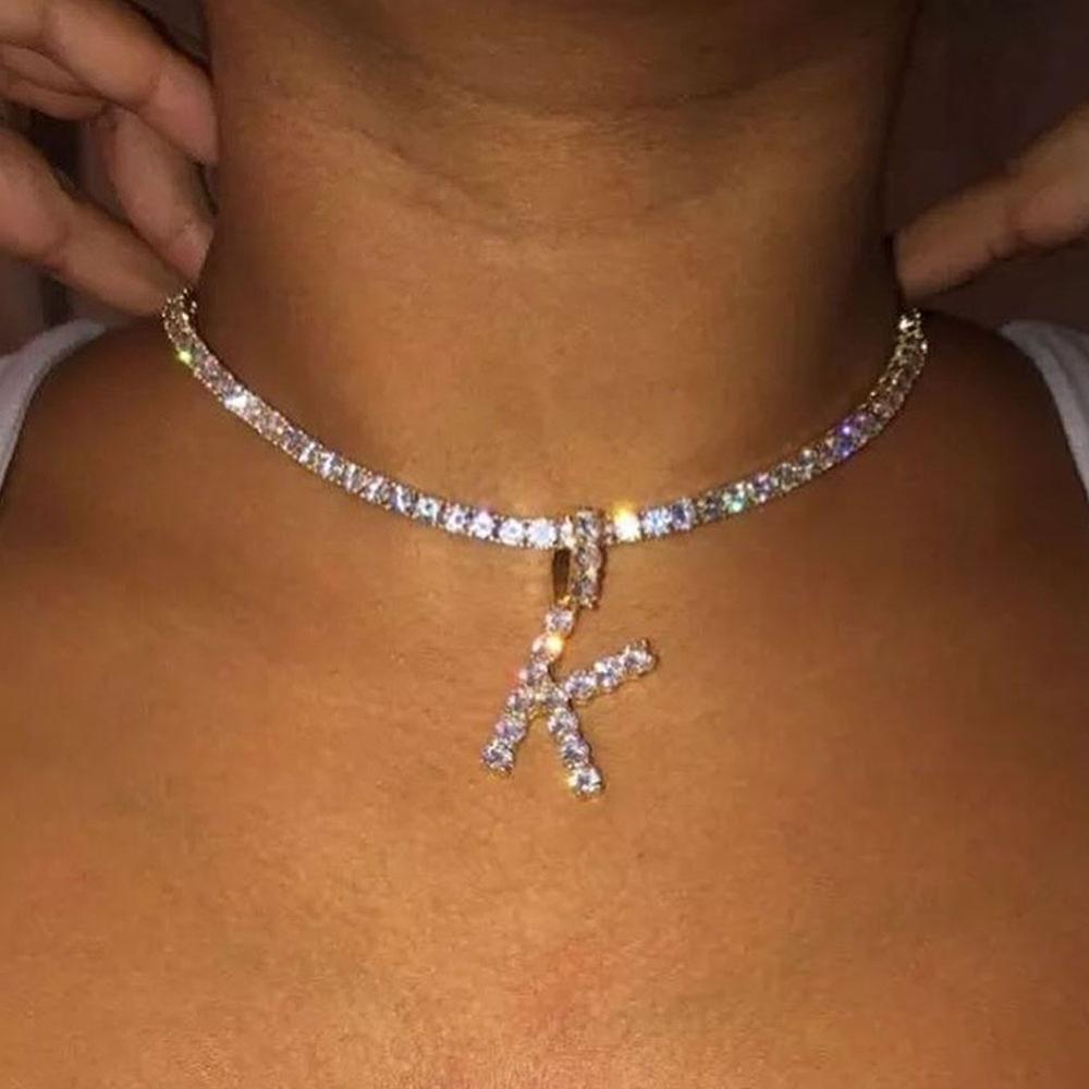 Caraquet Iced out A-Z Letter Silver Diamond Tennis Necklace
