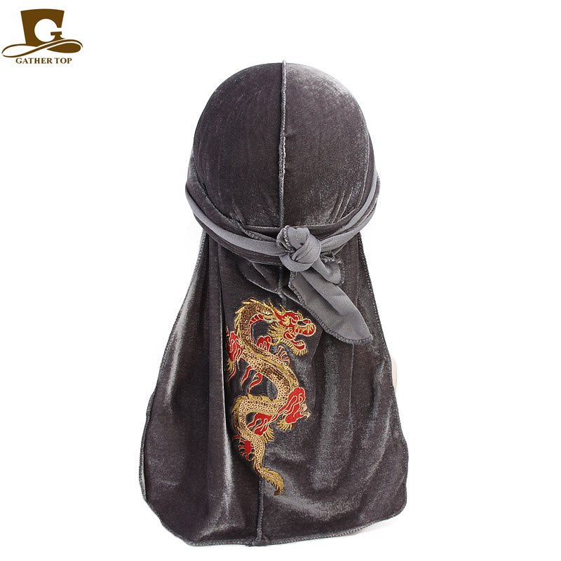 Fashion Velvet China Dragon Pattern Durag Breathable Bandana Long Tail Headwrap Women And Men Solid Color Hip Hop Turban