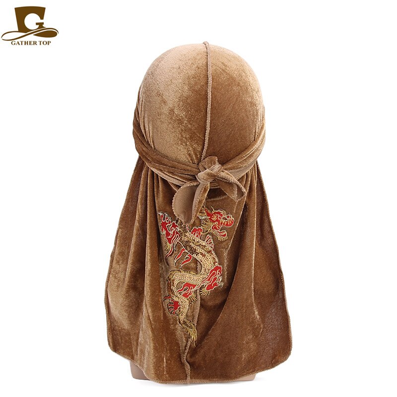 Fashion Velvet China Dragon Pattern Durag Breathable Bandana Long Tail Headwrap Women And Men Solid Color Hip Hop Turban