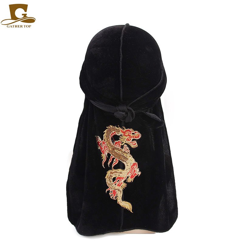 Fashion Velvet China Dragon Pattern Durag Breathable Bandana Long Tail Headwrap Women And Men Solid Color Hip Hop Turban