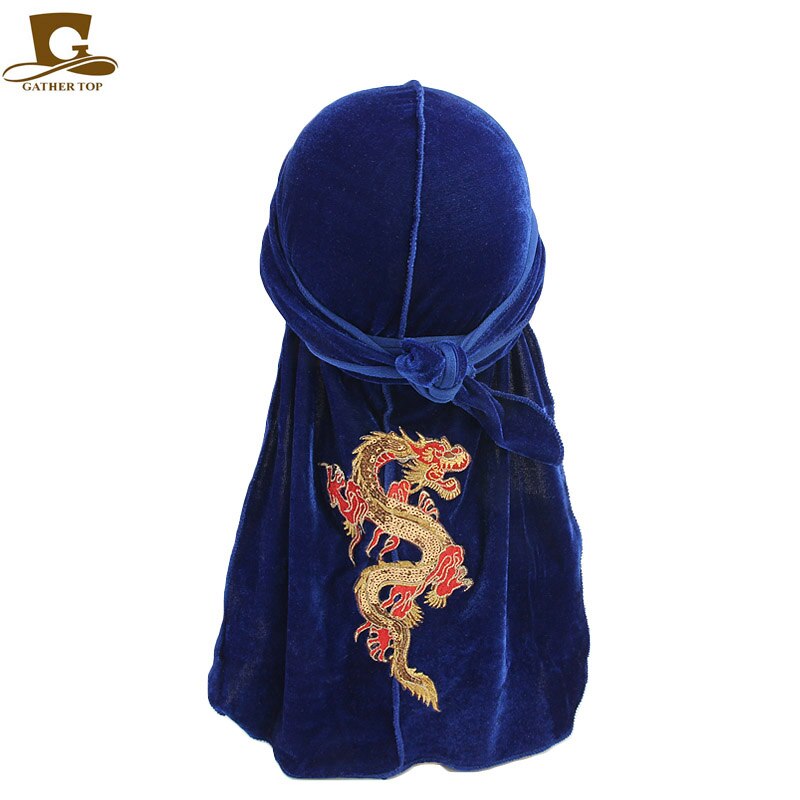 Fashion Velvet China Dragon Pattern Durag Breathable Bandana Long Tail Headwrap Women And Men Solid Color Hip Hop Turban