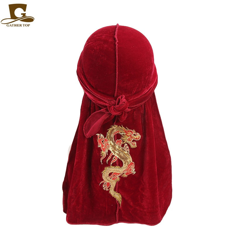 Fashion Velvet China Dragon Pattern Durag Breathable Bandana Long Tail Headwrap Women And Men Solid Color Hip Hop Turban