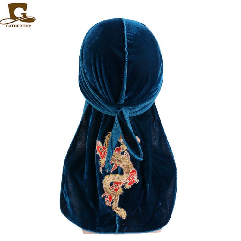 Fashion Velvet China Dragon Pattern Durag Breathable Bandana Long Tail Headwrap Women And Men Solid Color Hip Hop Turban