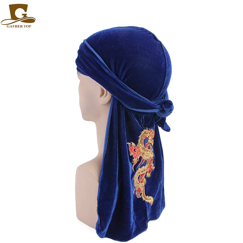 Fashion Velvet China Dragon Pattern Durag Breathable Bandana Long Tail Headwrap Women And Men Solid Color Hip Hop Turban