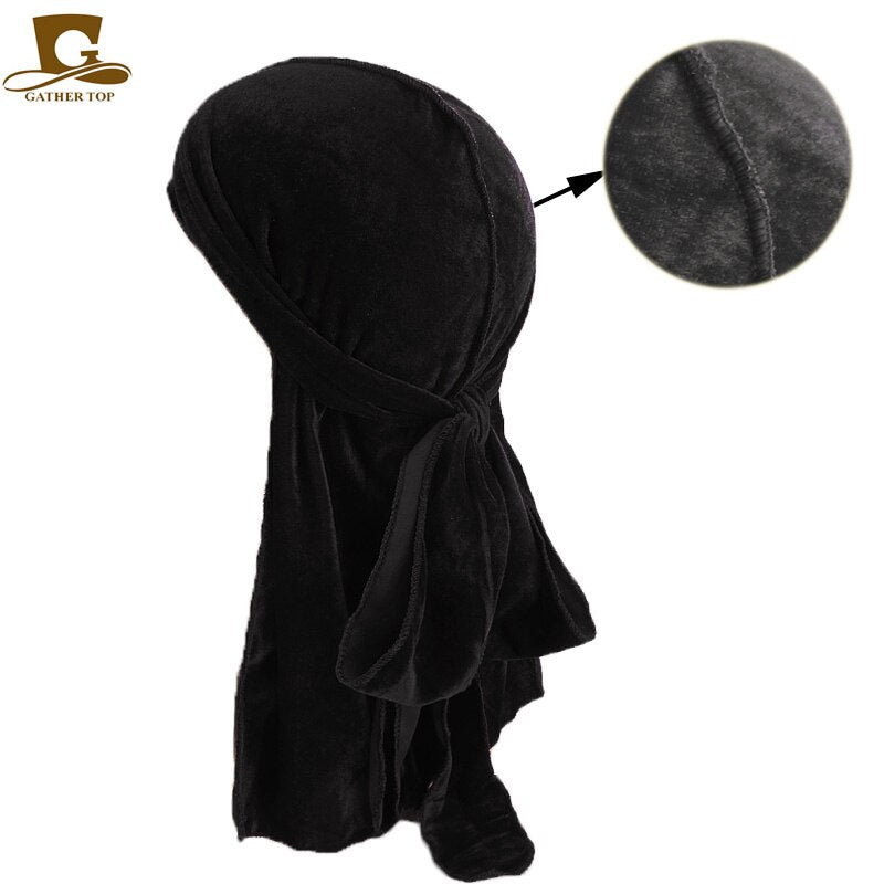 Fashion Velvet China Dragon Pattern Durag Breathable Bandana Long Tail Headwrap Women And Men Solid Color Hip Hop Turban