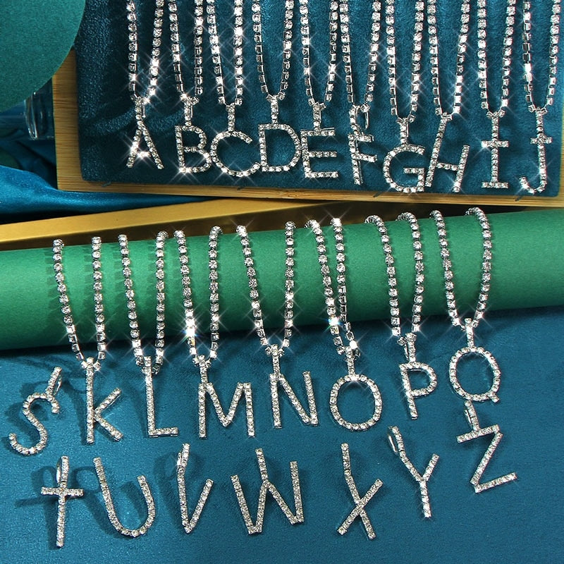 Caraquet Iced out A-Z Letter Silver Diamond Tennis Necklace