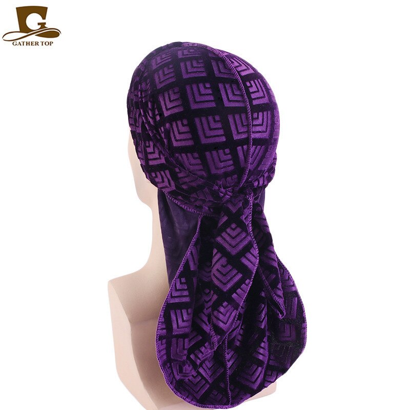 Fashion Velvet China Dragon Pattern Durag Breathable Bandana Long Tail Headwrap Women And Men Solid Color Hip Hop Turban