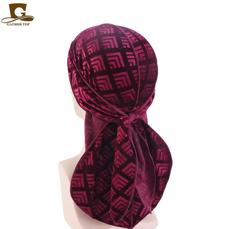 Fashion Velvet China Dragon Pattern Durag Breathable Bandana Long Tail Headwrap Women And Men Solid Color Hip Hop Turban