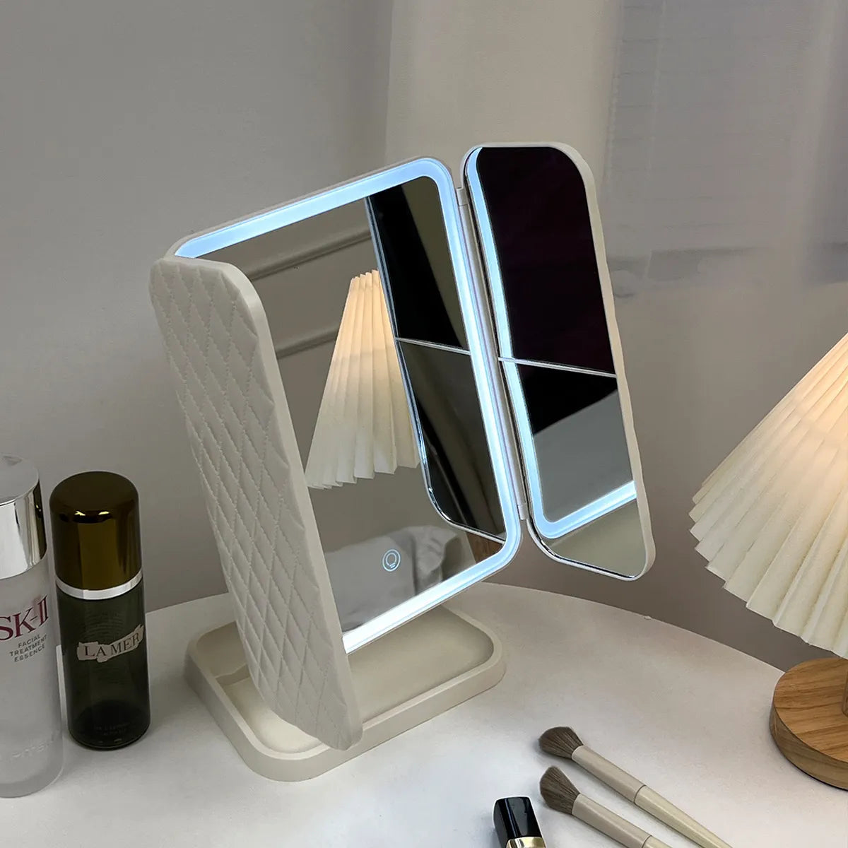 White Quilted Trifold LED Mirror