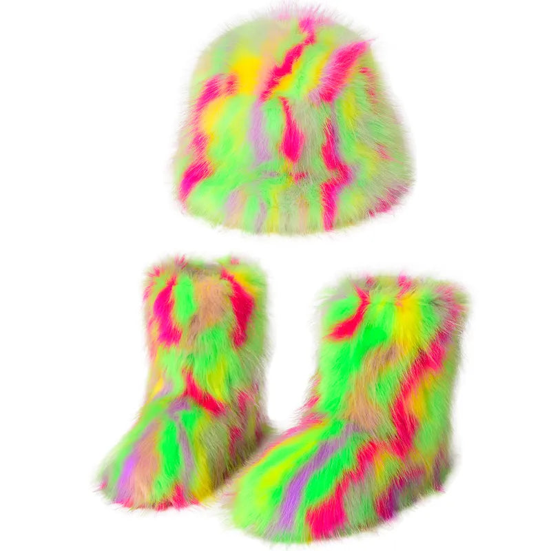Fur Boots and Bucket Hat Set