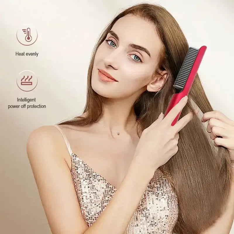 Pink Heated Hair Straightener Comb