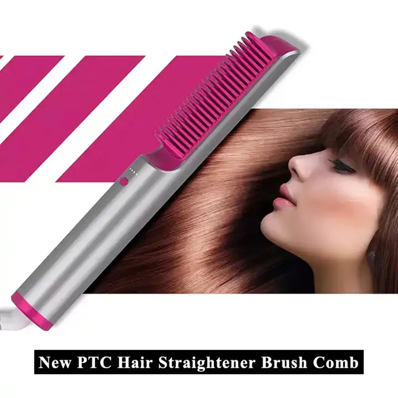 Pink Heated Hair Straightener Comb
