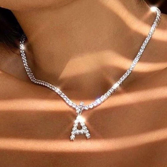 Caraquet Iced out A-Z Letter Silver Diamond Tennis Necklace